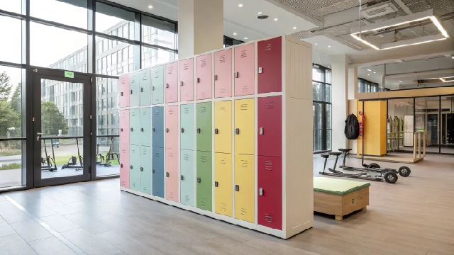 Colorful lockers in a gym, vibrant and practical storage for personal belongings.