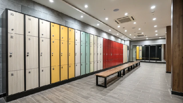 Colorful HPL lockers in a locker room, stylish and durable storage solution.