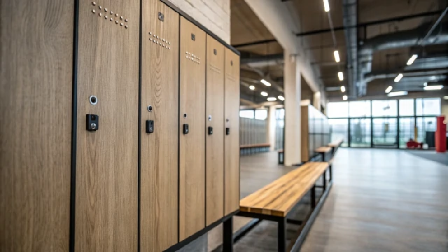 Wooden lockers in a modern gym, durable and stylish storage solution.