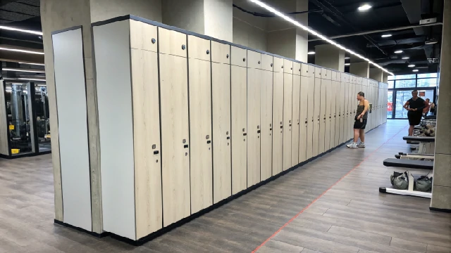 Modern wood-finished lockers in a gym, spacious and secure storage solution.