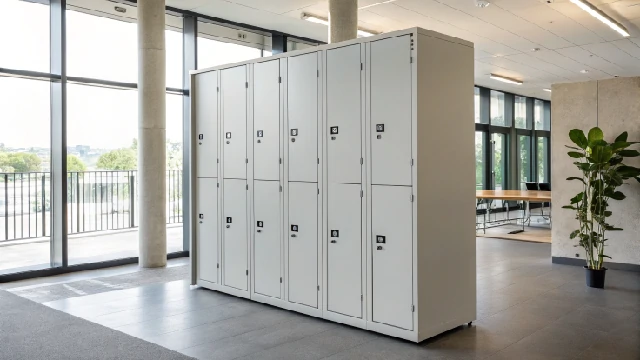 Modern white lockers in a spacious office area, ideal for organization and storage.