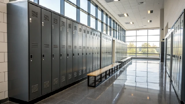 Dark grey metal lockers in a bright hallway with large windows, ideal for schools or gyms.