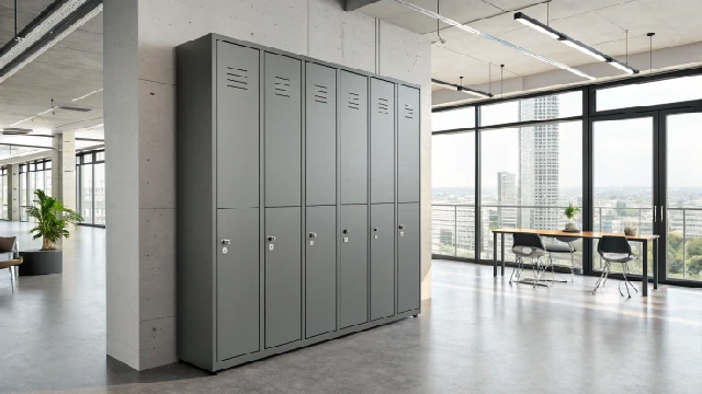 Sleek grey lockers in a modern office setting with large windows and city views.