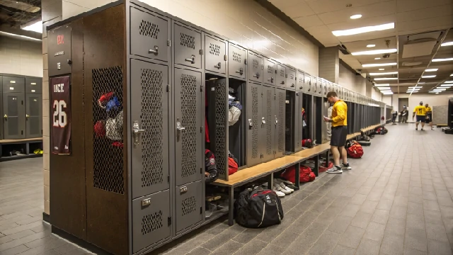 Ventilated metal lockers in a sports locker room, ideal for storing athletic gear.