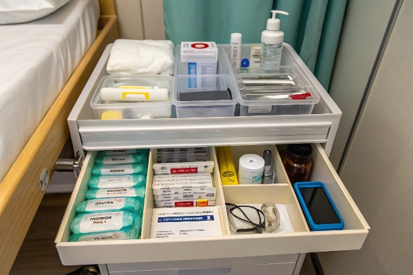 Hospital bedside cabinet with organized medical supplies, ideal for patient care