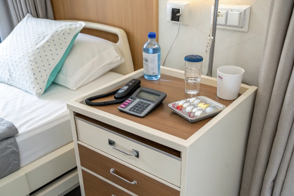 Hospital bedside table with phone, water bottle, and medication tray, enhancing patient accessibility