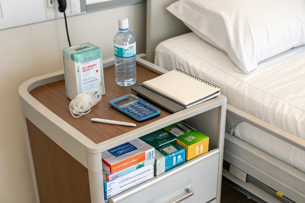 Bedside cabinet with medical supplies, notebook, and water bottle