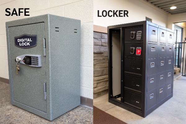 Comparison of a digital lock safe and a multi-unit locker, highlighting security options