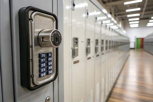 Close-up of lockers with combination locks, ideal for secure storage in schools and gyms