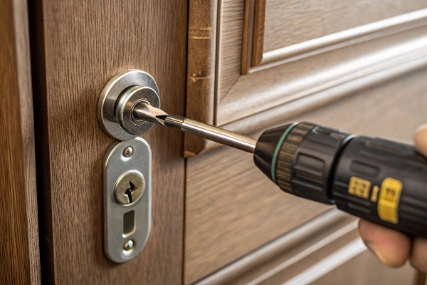 Installing or repairing a lock on a wooden door using a drill for secure access