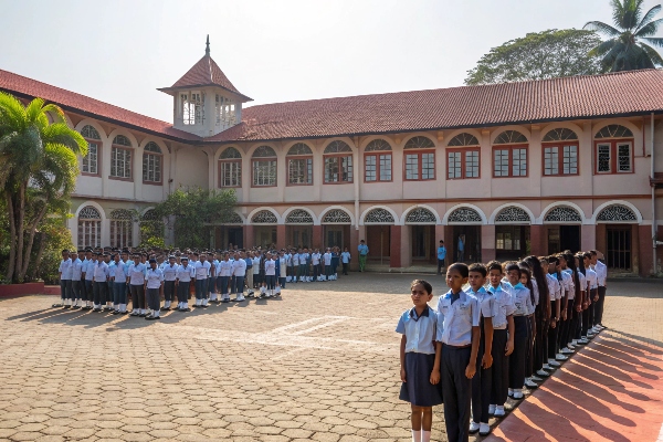 Students lined up in school courtyard.