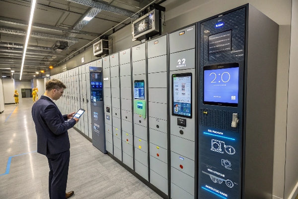 Modern smart lockers with interactive displays and tablet compatibility, ideal for efficient storage