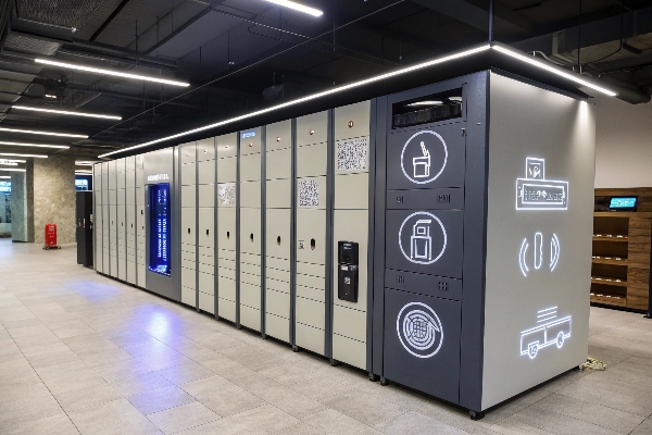 Innovative smart lockers with illuminated icons and advanced features, ideal for modern logistics