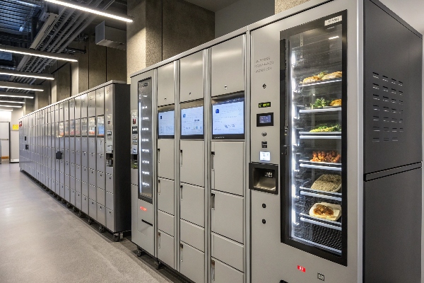 Modern food storage lockers with smart technology, ideal for secure meal storage in workspaces