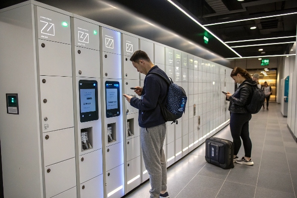 Smart parcel lockers with illuminated touchscreens, perfect for convenient package collection