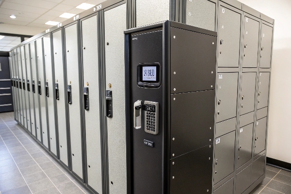 Modern lockers with advanced digital locks, ideal for high-security environments