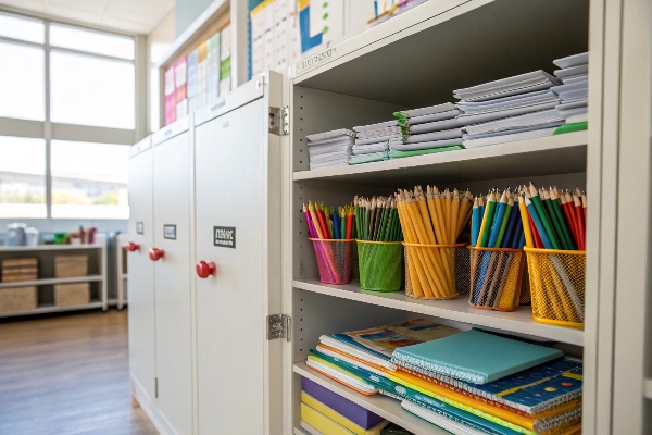 School storage lockers with organized supplies, perfect for classrooms