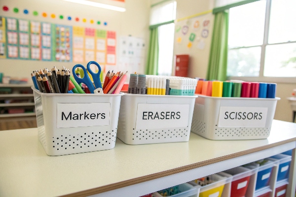 Classroom storage bins for markers, erasers, and scissors, neatly organized