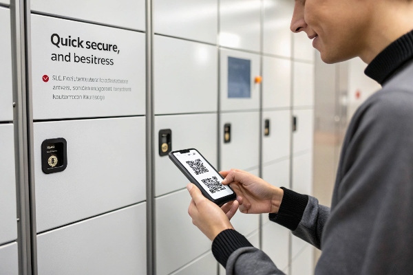 User accessing secure lockers with QR code scanning technology, providing convenience and safety