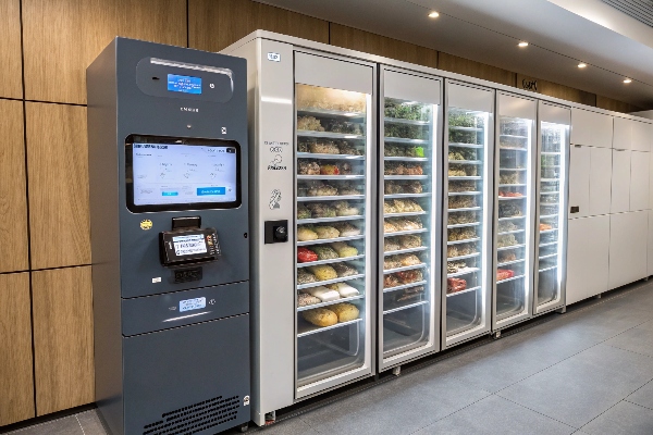 Smart locker system for food storage with payment terminal, ideal for modern workplaces