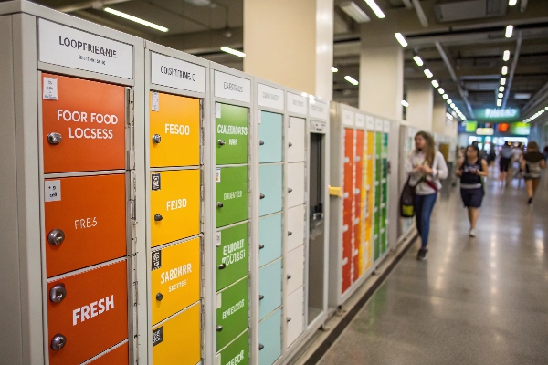 Colorful lockers with labeled compartments for different uses, perfect for secure personal storage