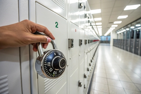 White lockers with a secure combination padlock, perfect for personal and workplace storage