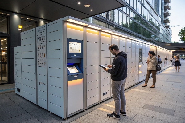 Outdoor smart lockers with digital access, designed for convenient parcel storage and retrieval