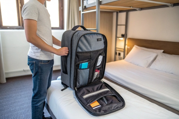 Traveler organizing essentials in a backpack at a hostel room, ensuring secure storage