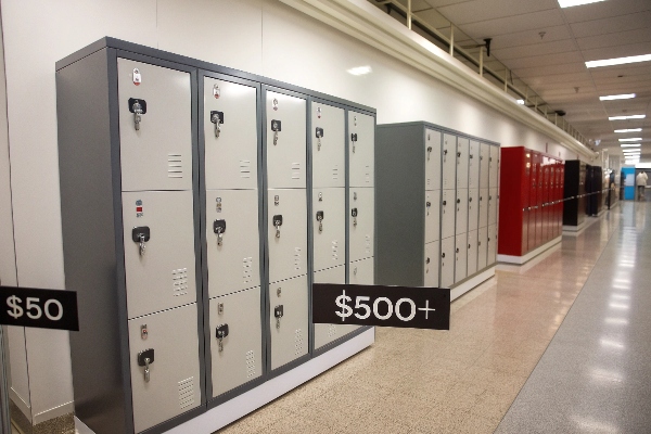 School hallway with durable metal lockers in various colors, suitable for students and staff