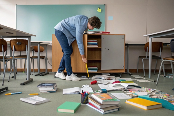 Teacher organizing classroom materials after a spill, ensuring neatness