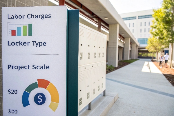 Outdoor lockers with project cost analysis chart, ideal for large-scale installations