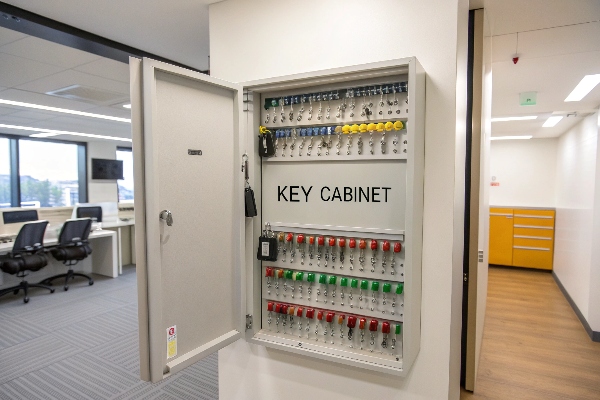 Wall-mounted key cabinet with labeled hooks, perfect for organized key management