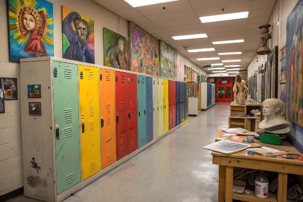 Colorful lockers in an art hallway with paintings and sculptures.