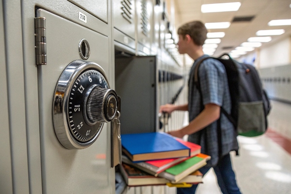 Student accessing a locker with books and a combination lock.