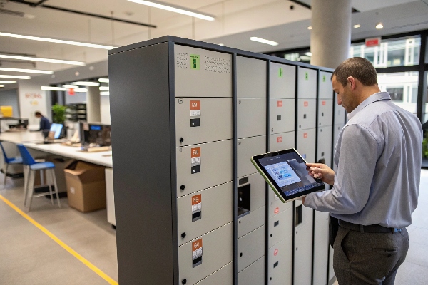 Man using a digital locker system in a modern office environment.