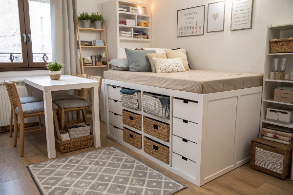 Cozy studio apartment with under-bed storage drawers and woven baskets.