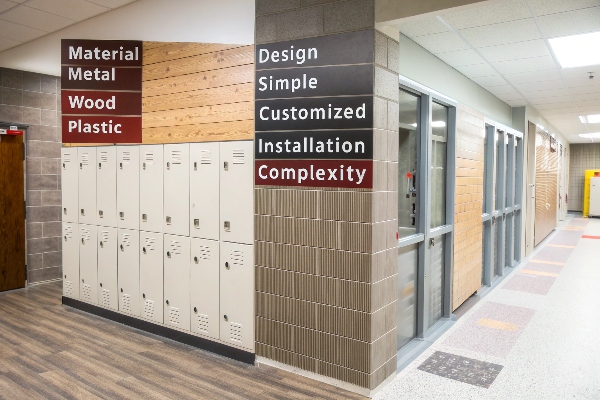 School corridor with metal lockers and customizable material options, ideal for educational spaces