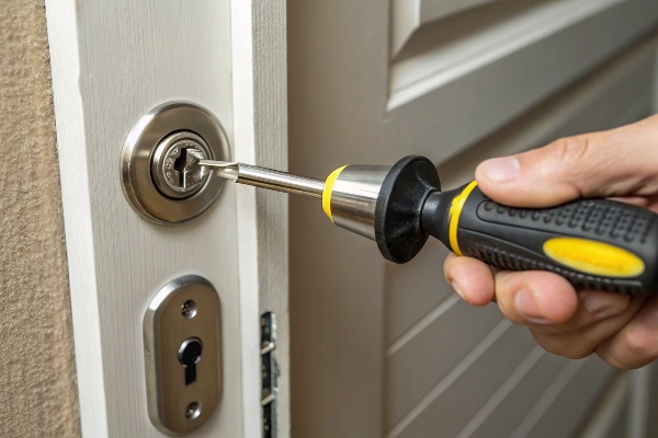 Repairing a door lock with a screwdriver, ensuring proper functionality and security