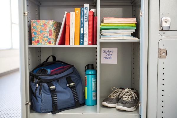 Organized locker with books, backpack, shoes, and daily essentials.