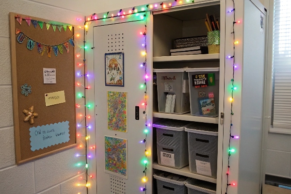 Decorated locker with colorful fairy lights and organized storage bins.