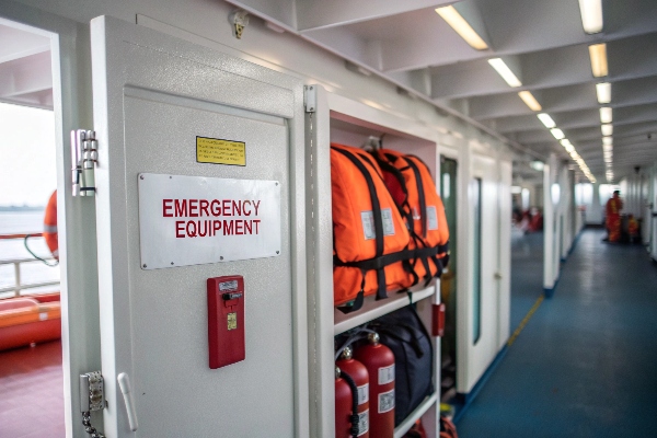 Emergency equipment locker with life jackets and fire extinguishers.