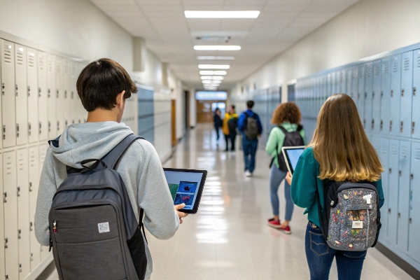 Students with backpacks using tablets in a school hallway with lockers.