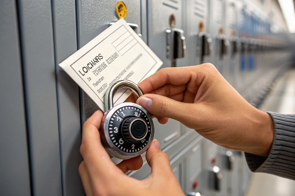 Hands using a combination lock on a locker.