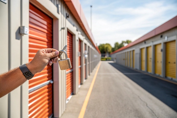 Hand holding a padlock with storage unit rows in the background.