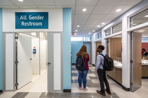 Students near an all-gender restroom entrance.