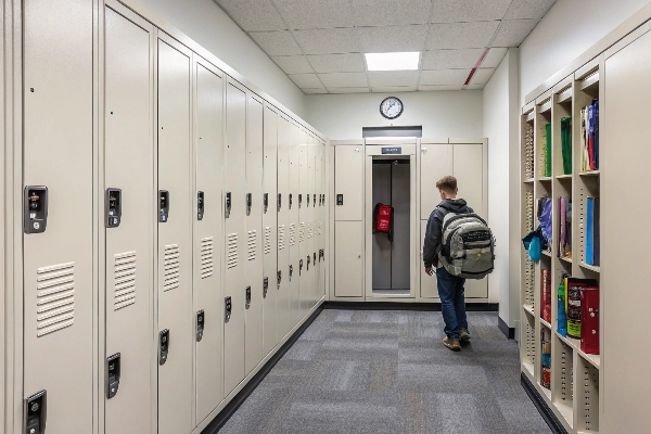 Student walking in locker area with modern storage setup.