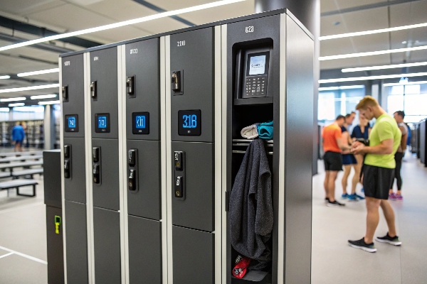 Modern gym lockers with digital locks and open storage.