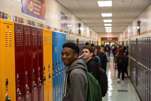 Students standing by colorful school lockers in a busy hallway.