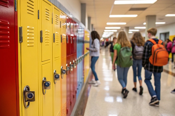 Colorful school lockers in hallway with students walking by.