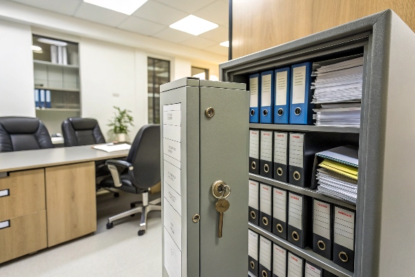 Office cabinet with secured document storage and key lock.